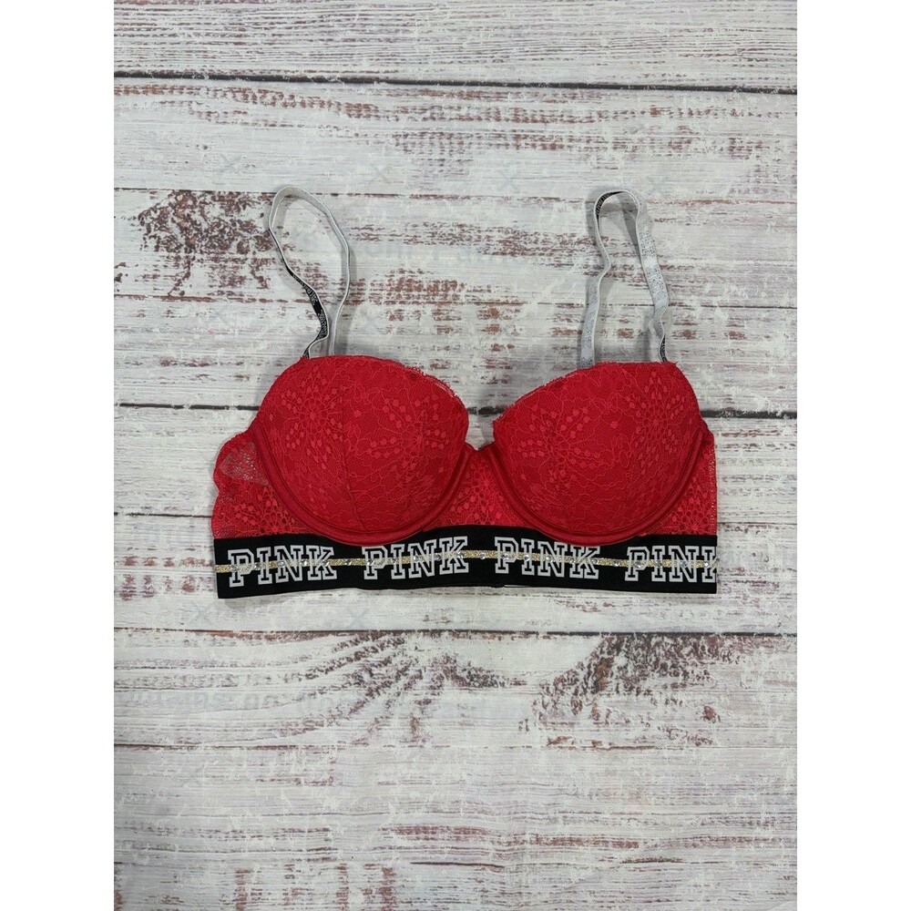 Victoria Secret Pink Everywhere Push Up Bra - 32C - Red Lace Black Band